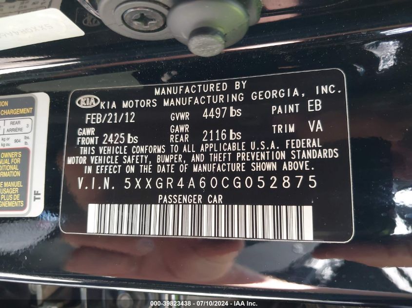 2012 Kia Optima Sx VIN: 5XXGR4A60CG052875 Lot: 39823438