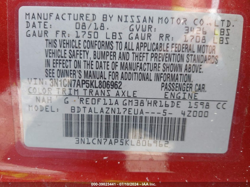 2019 Nissan Versa S/S Plus/Sv VIN: 3N1CN7AP5KL806962 Lot: 39823441