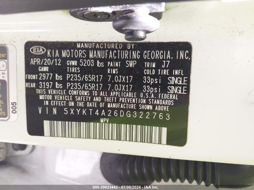 2013 Kia Sorento Lx V6 VIN: 5XYKT4A26DG322763 Lot: 39823443