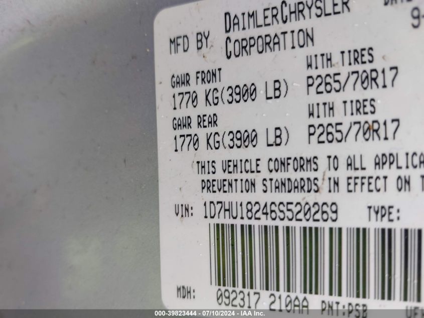 2006 Dodge Ram 1500 Slt/Trx4 Off Road/Sport VIN: 1D7HU18246S520269 Lot: 39823444