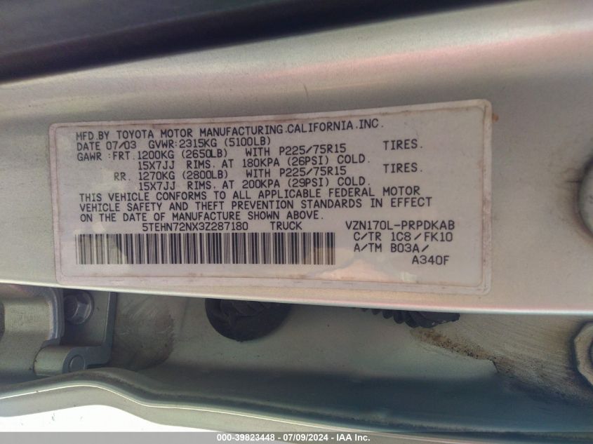 2003 Toyota Tacoma Double Cab VIN: 5TEHN72NX3Z287180 Lot: 39823448