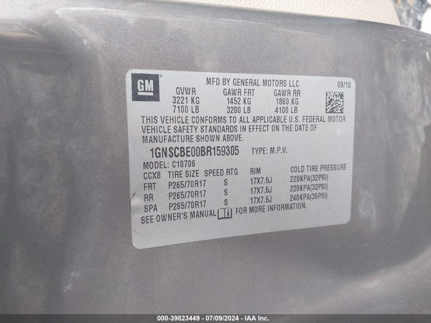 2011 Chevrolet Tahoe Lt VIN: 1GNSCBE00BR159305 Lot: 39823449