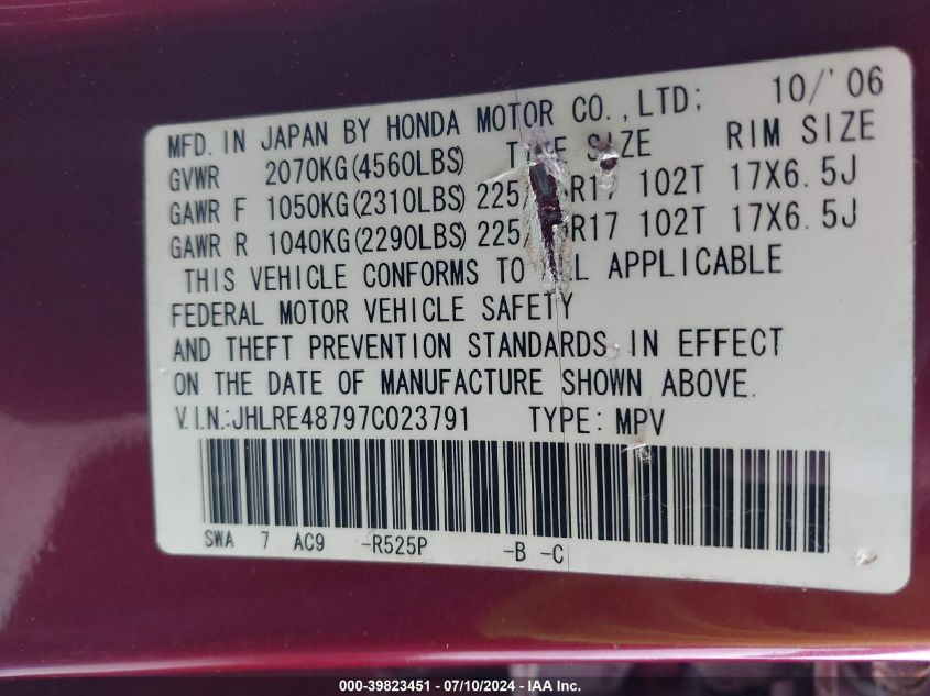 2007 Honda Cr-V Ex-L VIN: JHLRE48797C023791 Lot: 39823451