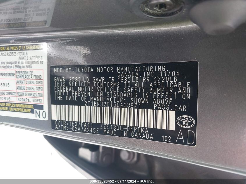 2005 Toyota Corolla Ce VIN: 2T1BR32E45C403971 Lot: 39823452