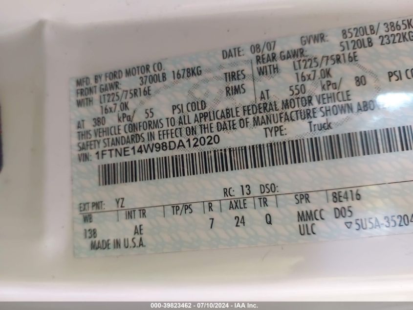 2008 Ford E-150 Commercial/Recreational VIN: 1FTNE14W98DA12020 Lot: 39823462