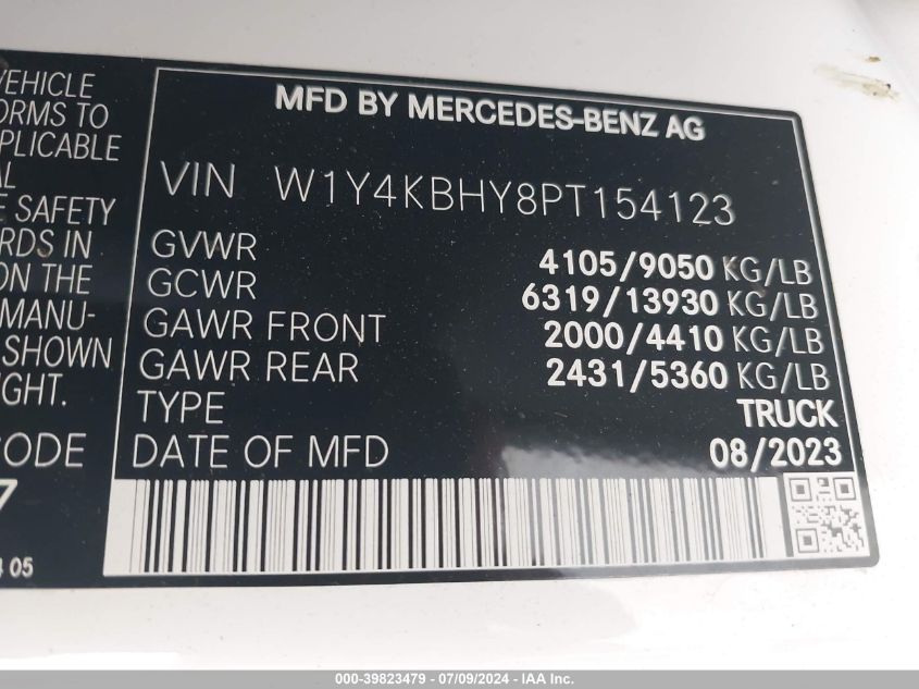 2023 Mercedes-Benz Sprinter 2500 Standard Roof 4-Cyl Diesel VIN: W1Y4KBHY8PT154123 Lot: 39823479