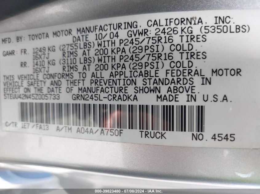 2005 Toyota Tacoma Base V6 VIN: 5TEUU42N45Z005733 Lot: 39823480