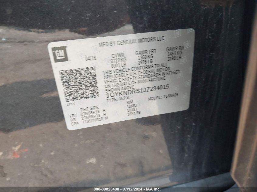 2018 Cadillac Xt5 Luxury VIN: 1GYKNDRS1JZ234015 Lot: 39823490