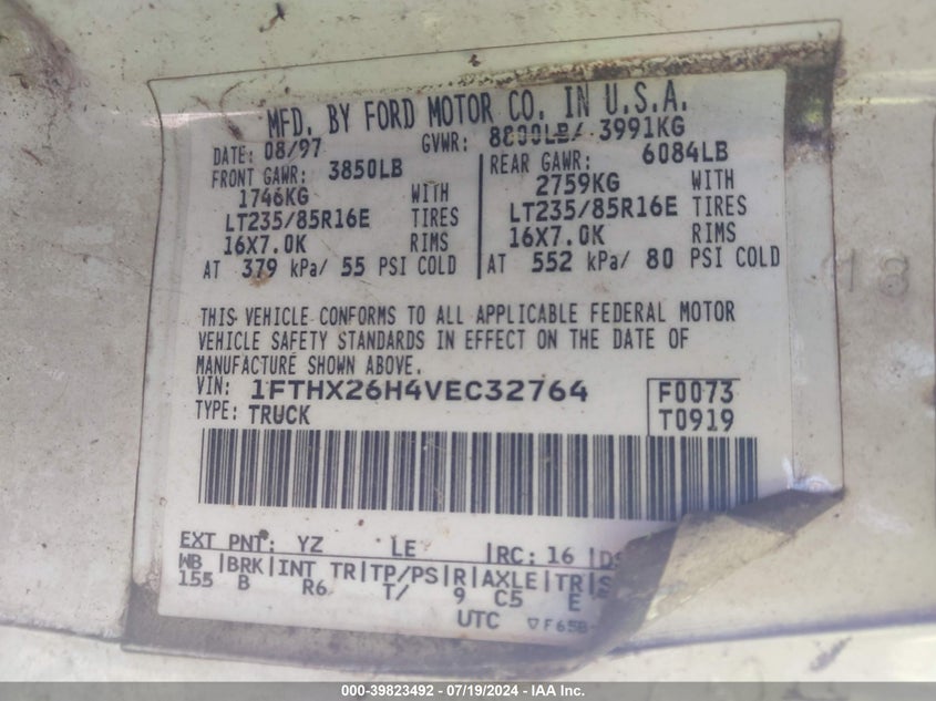 1997 Ford F-250 Xl VIN: 1FTHX26H4VEC32764 Lot: 39823492
