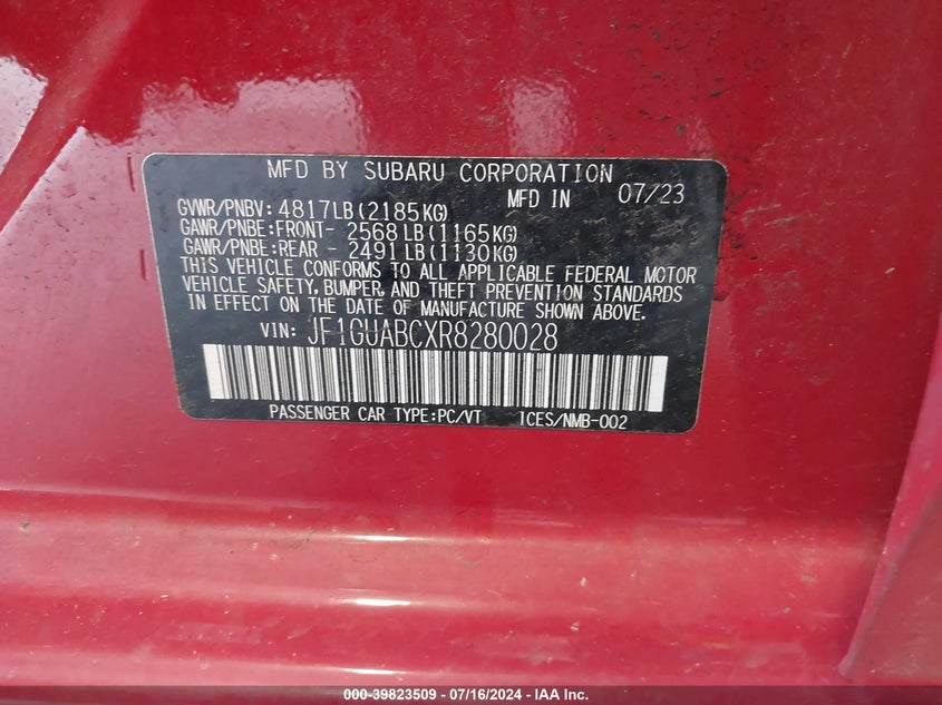 2024 Subaru Impreza VIN: JF1GUABCXR8280028 Lot: 39823509