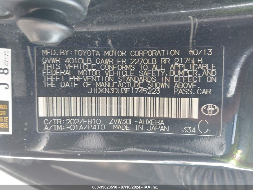 JTDKN3DU3E1745223 2014 Toyota Prius Two