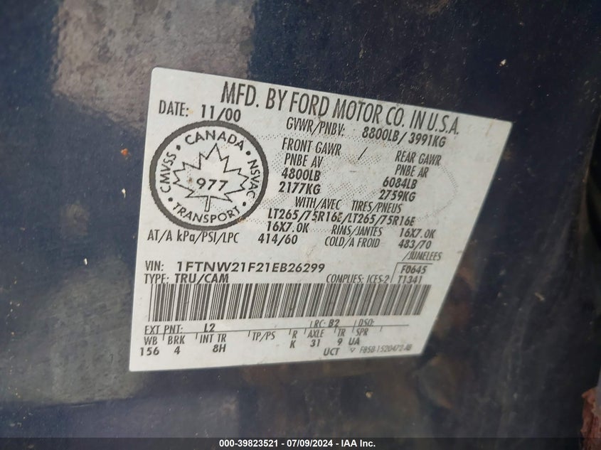 2001 Ford F-250 Lariat/Xl/Xlt VIN: 1FTNW21F21EB26299 Lot: 39823521