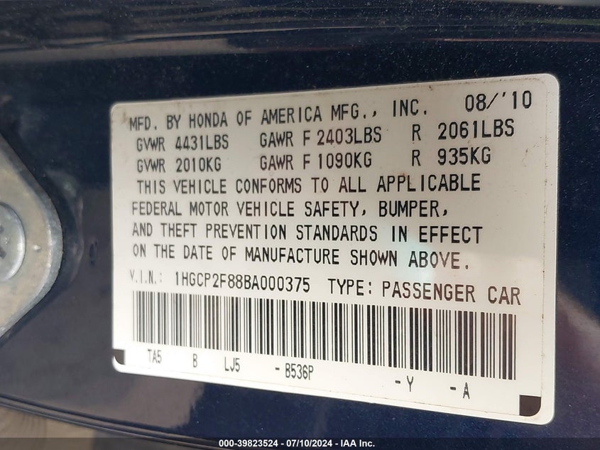 2011 Honda Accord Exl VIN: 1HGCP2F88BA000375 Lot: 39823524