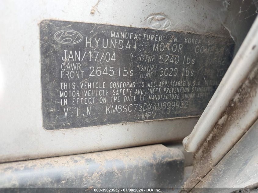2004 Hyundai Santa Fe Gls VIN: KM8SC73DX4U699932 Lot: 39823532