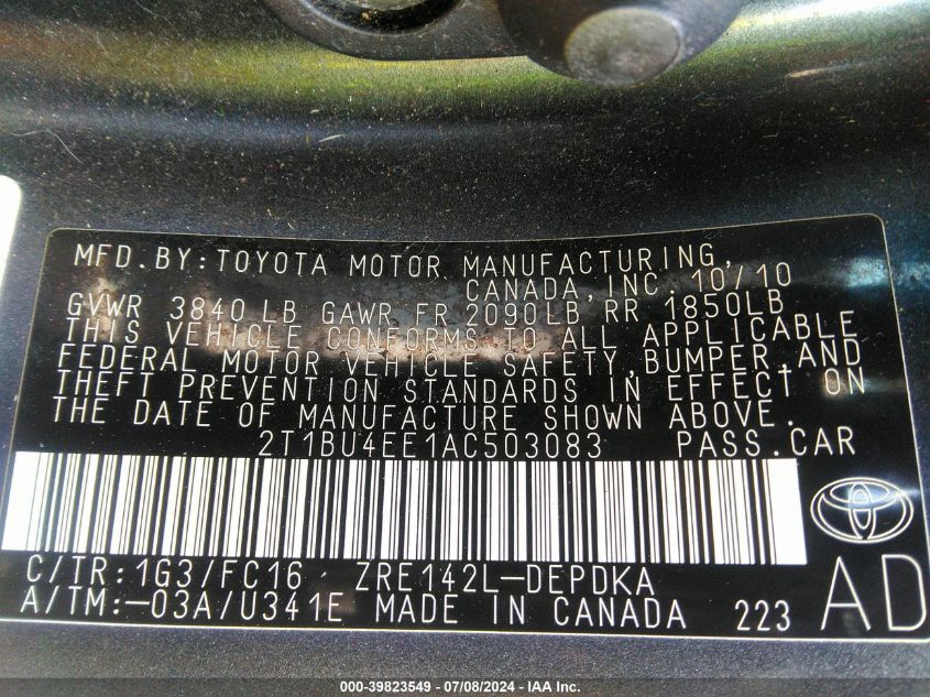 2010 Toyota Corolla Le VIN: 2T1BU4EE1AC503083 Lot: 39823549