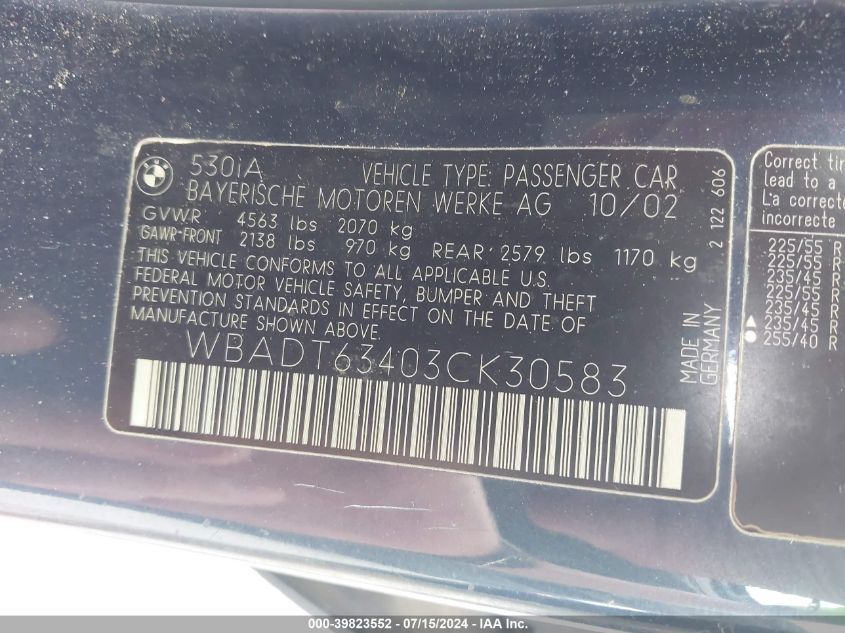 2003 BMW 530Ia VIN: WBADT63403CK30583 Lot: 39823552