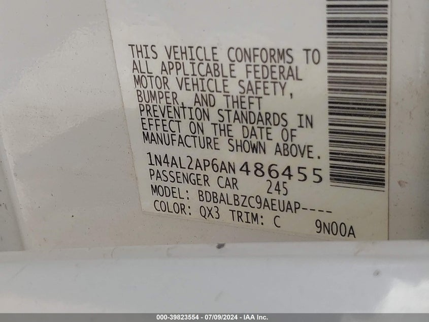 2010 Nissan Altima S VIN: 1N4AL2AP6AN486455 Lot: 39823554