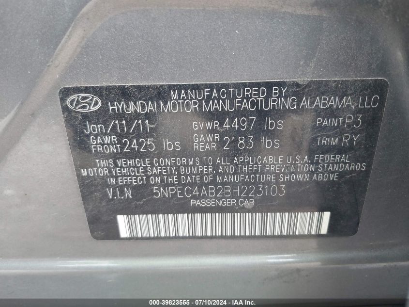 2011 Hyundai Sonata Limited 2.0T VIN: 5NPEC4AB2BH223103 Lot: 39823555
