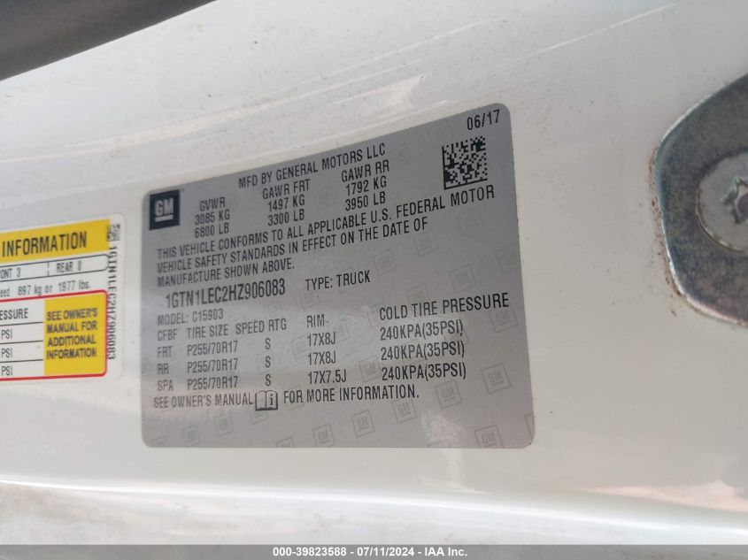 2017 GMC Sierra 1500 VIN: 1GTN1LEC2HZ906083 Lot: 39823588