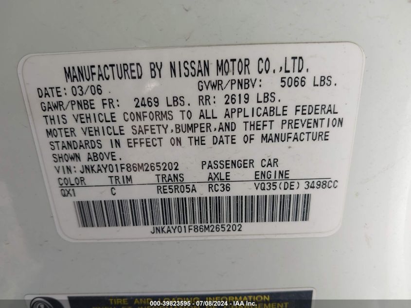 2006 Infiniti M35X VIN: JNKAY01F86M265202 Lot: 39823595