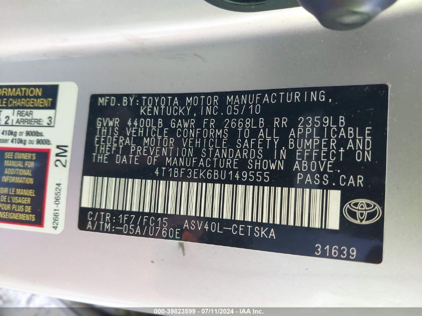 4T1BF3EK6BU149555 | 2011 TOYOTA CAMRY