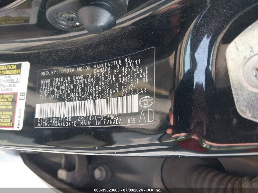 2011 Toyota Corolla S/Le VIN: 2T1BU4EE5BC605990 Lot: 39823603