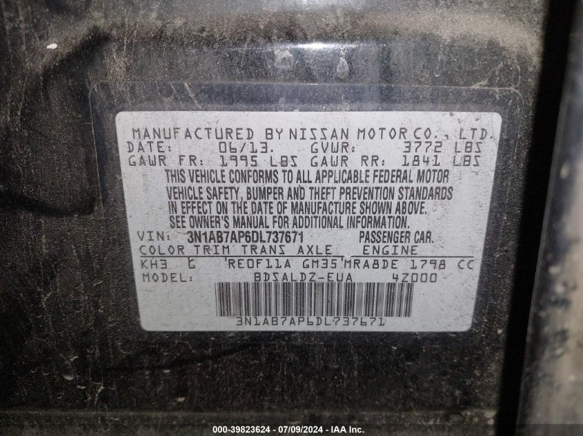 2013 Nissan Sentra Sv VIN: 3N1AB7AP6DL737671 Lot: 39823624