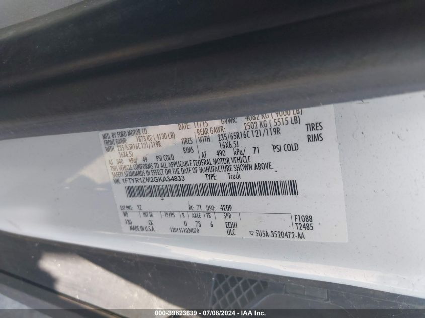 2016 Ford Transit-250 VIN: 1FTYR1ZM2GKA34833 Lot: 39823639
