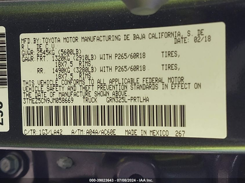 2018 Toyota Tacoma Limited VIN: 3TMEZ5CN9JM058669 Lot: 39823643