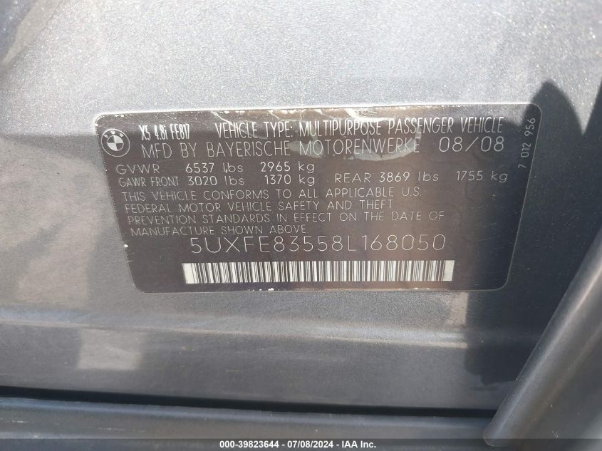 2008 BMW X5 4.8I VIN: 5UXFE83558L168050 Lot: 39823644