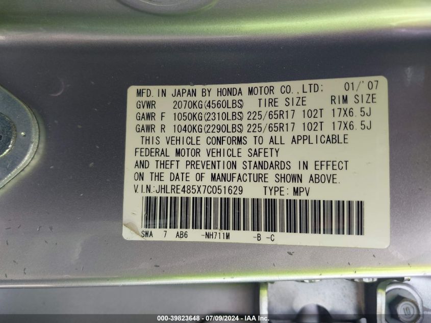 2007 Honda Cr-V Ex VIN: JHLRE485X7C051629 Lot: 39823648