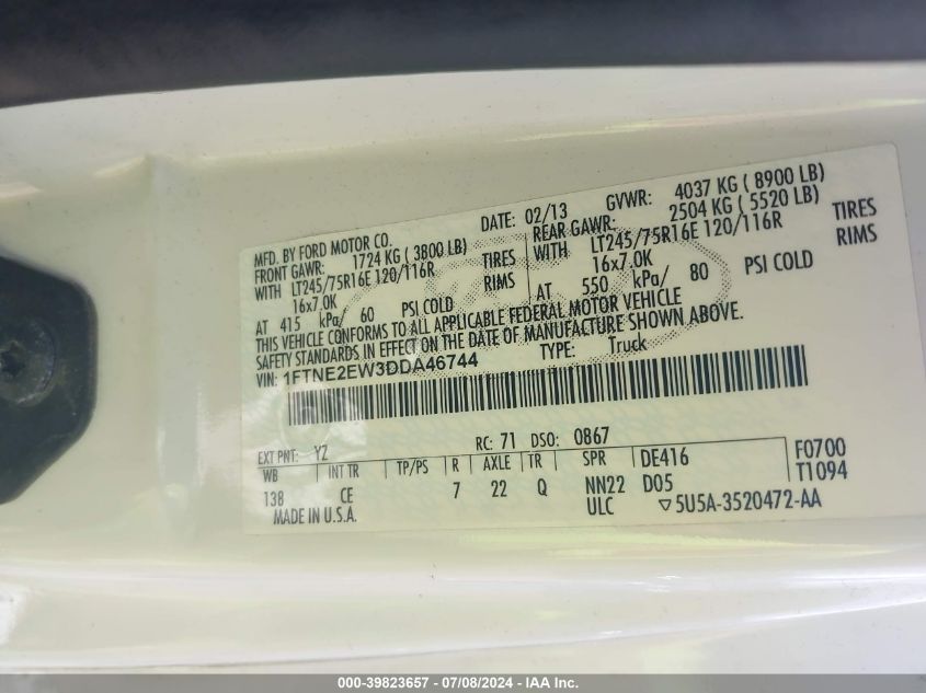2013 Ford E-250 Commercial VIN: 1FTNE2EW3DDA46744 Lot: 39823657