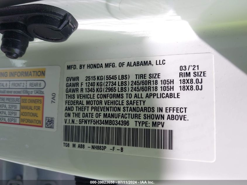 2021 Honda Pilot 2Wd Ex VIN: 5FNYF5H34MB034396 Lot: 39823658