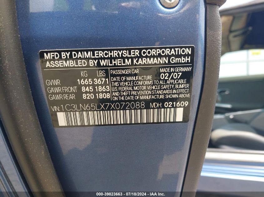 2007 Chrysler Crossfire Limited VIN: 1C3LN65LX7X072088 Lot: 39823663