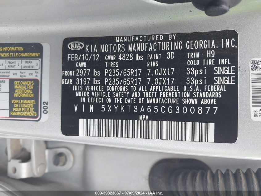 2012 Kia Sorento Lx VIN: 5XYKT3A65CG300877 Lot: 39823667