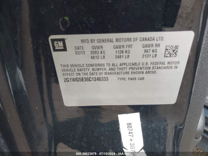 2012 Chevrolet Impala Lt VIN: 2G1WG5E36C1246333 Lot: 39823679