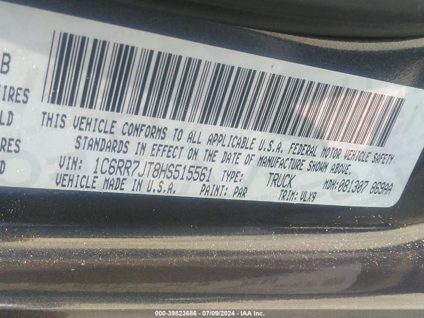 2017 Ram 1500 Laramie Quad Cab 4X4 6'4 Box VIN: 1C6RR7JT8HS515561 Lot: 39823686