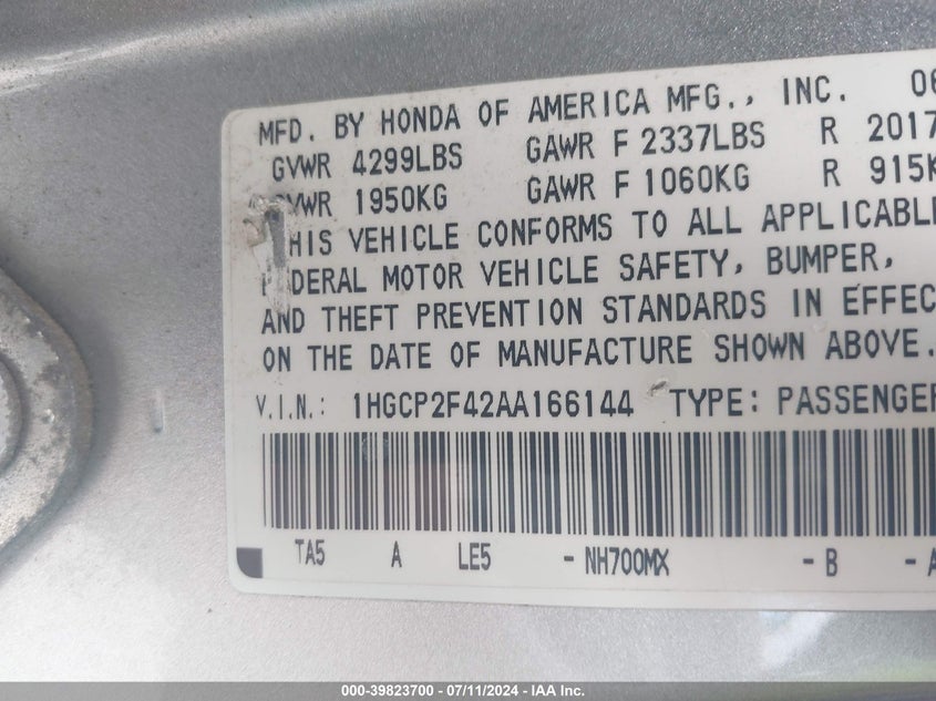 2010 Honda Accord 2.4 Lx-P VIN: 1HGCP2F42AA166144 Lot: 39823700