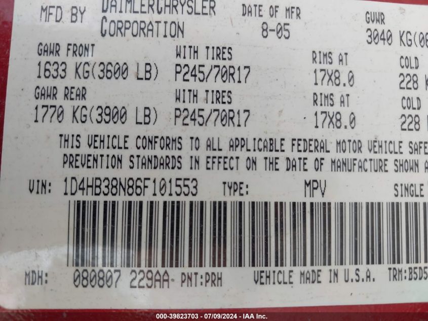2006 Dodge Durango Sxt VIN: 1D4HB38N86F101553 Lot: 39823703