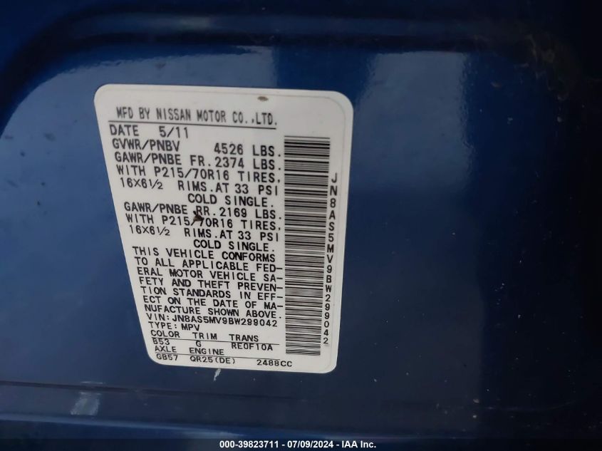 2011 Nissan Rogue S/Sv/Krom VIN: JN8AS5MV9BW299042 Lot: 39823711