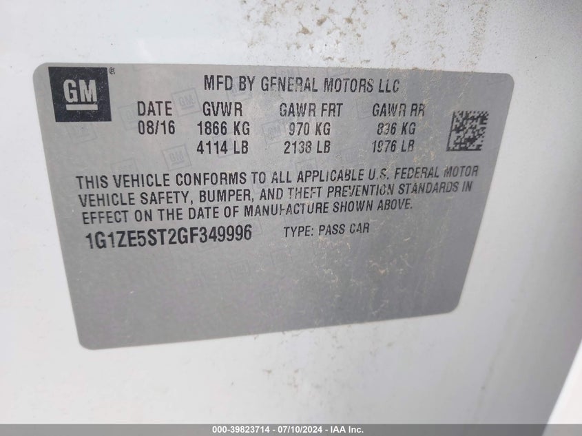 2016 Chevrolet Malibu Lt VIN: 1G1ZE5ST2GF349996 Lot: 39823714