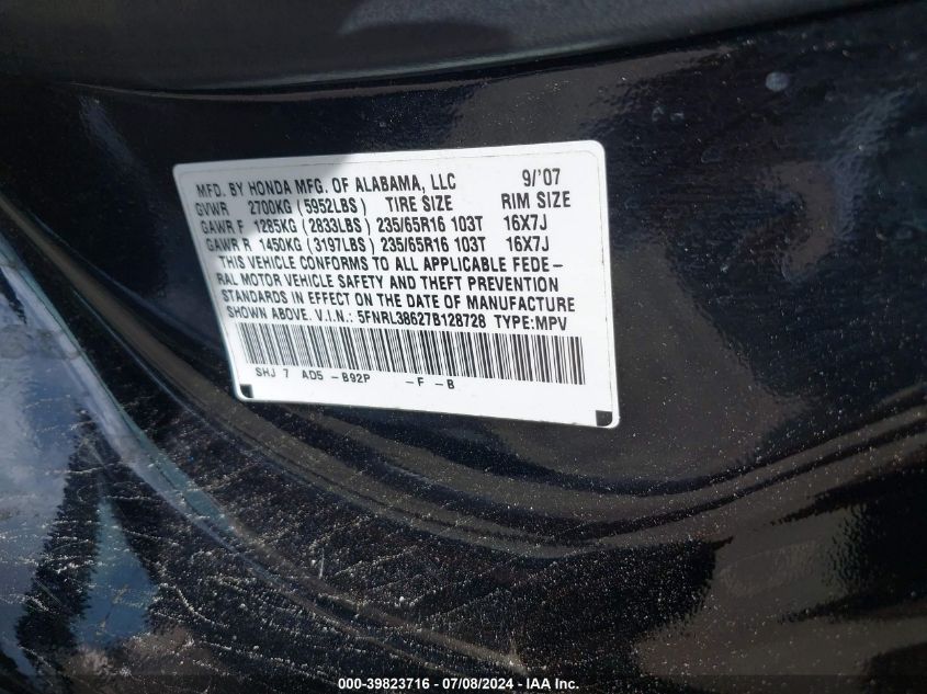 2007 Honda Odyssey Ex-L VIN: 5FNRL38627B128728 Lot: 39823716