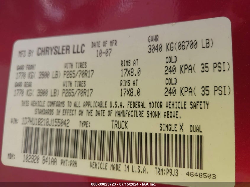 2008 Dodge Ram 1500 St/Sxt VIN: 1D7HU18218J155042 Lot: 39823723