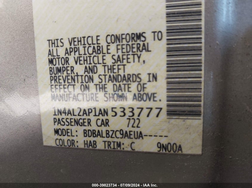 2010 Nissan Altima 2.5 S VIN: 1N4AL2AP1AN533777 Lot: 39823734