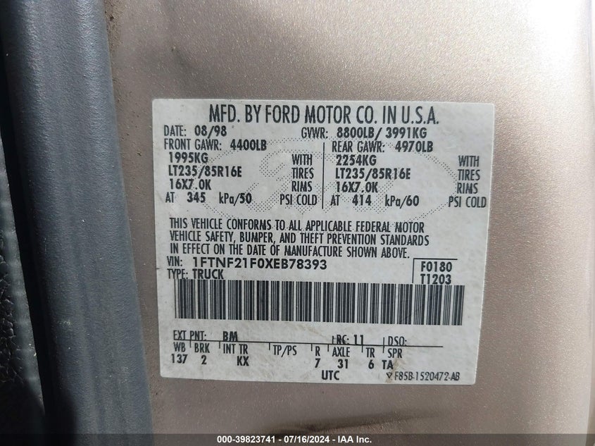 1999 Ford F-250 Super Duty VIN: 1FTNF21F0XEB78393 Lot: 39823741