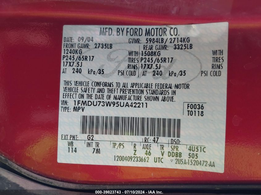 2005 Ford Explorer Xlt/Xlt Sport VIN: 1FMDU73W95UA42211 Lot: 39823743