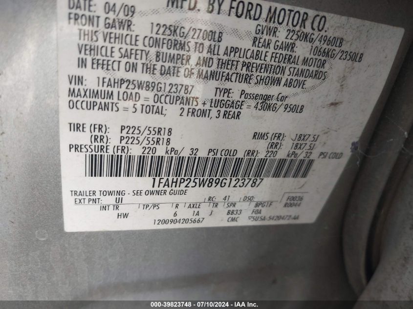 2009 Ford Taurus Limited VIN: 1FAHP25W89G123787 Lot: 39823748