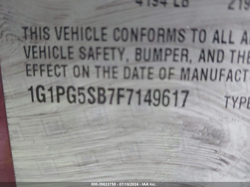 2015 Chevrolet Cruze Ltz VIN: 1G1PG5SB7F7149617 Lot: 39823758