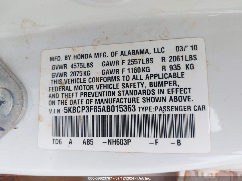 2010 Honda Accord Exl VIN: 5KBCP3F85AB015363 Lot: 39823767