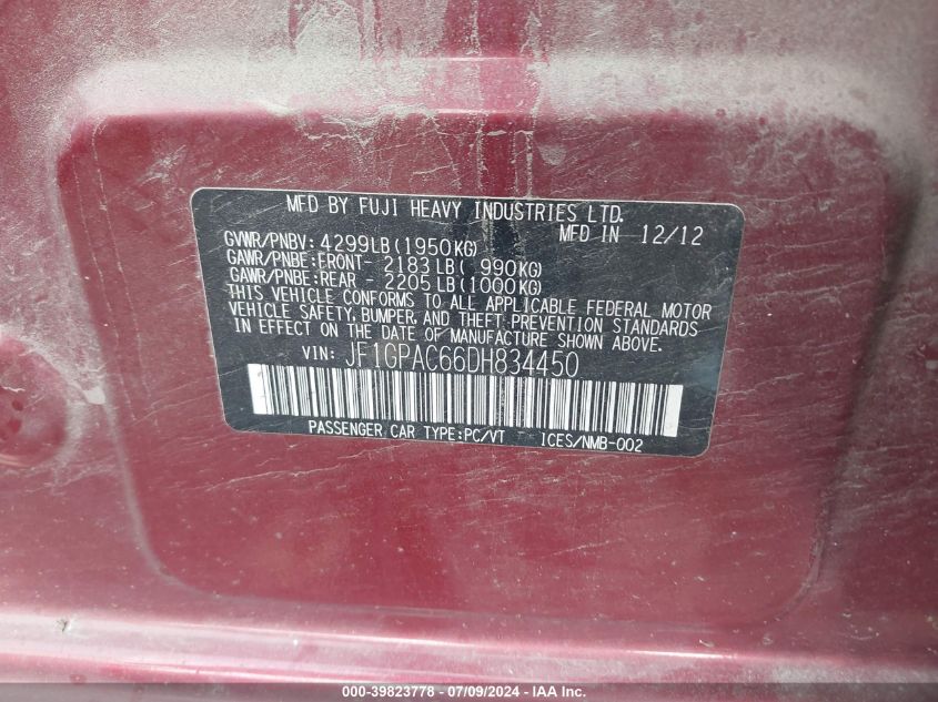 2013 Subaru Impreza 2.0I Premium VIN: JF1GPAC66DH834450 Lot: 39823778
